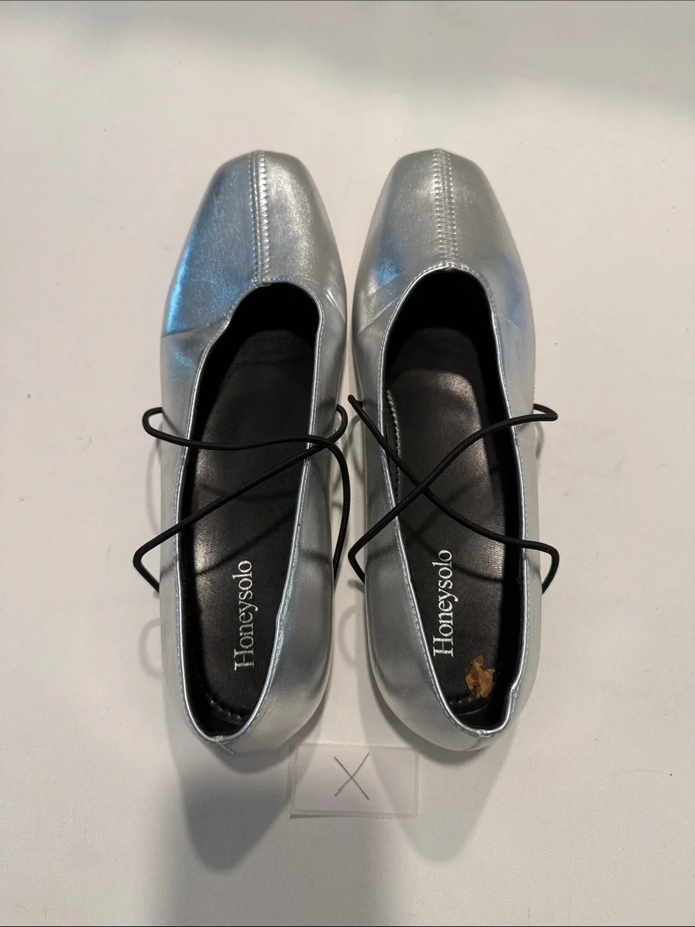 Metallic Silver Square-Toe Lace-Up Flats